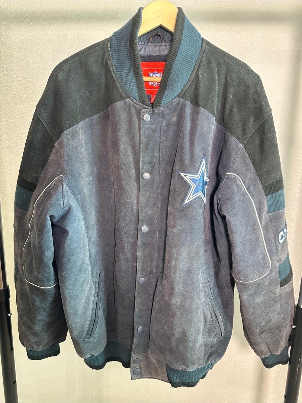 NFL Cowboys Men’s Suede Bomber Jacket in Blue and Black